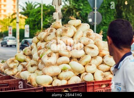 Haufen weißer Zwiebeln auf dem Markt Stockfoto