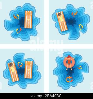 Set aus tropischem Urlaubsmeer, Kind, männlich und weiblich auf Wassermatratze, ozeanischer Fisch, Konzept Schneiden Papier Vektorgrafiken. Design flach mit Stock Vektor