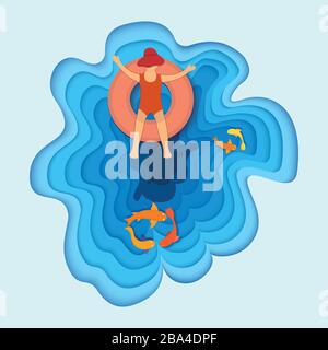 Tropisches Urlaubsmeer, Kinderfigur auf Wassermatratze, ozeanischer Fisch, Konzept zur Reduzierung von Papiervektor-Illustration. Design flaches Webbanner, Poster und gr Stock Vektor