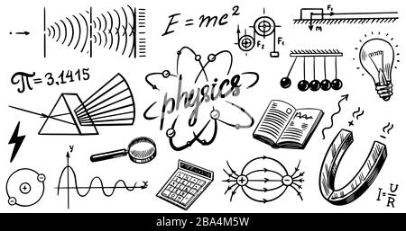 Physik- oder Bildungskonzept. Symbole und Formeln festgelegt. Atom-Atomexperimente. Spektrum. Schultest oder Labor. Handgezeichnete Doodle-Symbole. Spektrum Stock Vektor