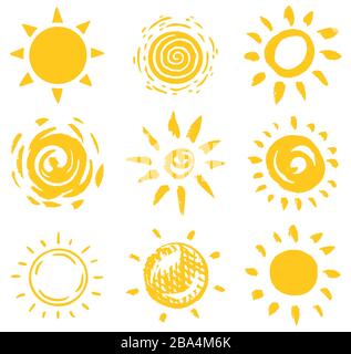 Sonnenset. Pinselstriche. Rays-Kollektion auf weißem Hintergrund. Handgezeichnete schwarze Symbole. Gravierte Monochrome Vintage-Skizze. Tintenelemente. Vektor Stock Vektor