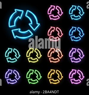3D-Farbneon 3 in Kreispfeilen auf schwarzem Hintergrund. Recycling-Symbol für die Wiederverwendung von Müll für das Internet. Symbol für das Wiederverwerten der leuchtenden Beleuchtung. Relo aktualisieren Stock Vektor