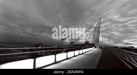 Architektonische Brücken und Piers. Modern, viktorianisch oder industriell. Szenen mit Brücke oder Pier mit Wasser, Kanal, See, Strand oder Fluss. Stockfoto