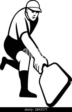 Mascot Icon Illustration eines Pickleball-Spielers, einer Paddleball-Sportart ähnlich einer Schlägersportart, Einhand-Rückhand von vorne gesehen auf isoliertem Whi Stock Vektor