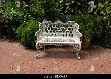 Asheville, North Carolina - 24. Juli 2019 - Bank unter tropischen Pflanzen für Besucher im Inneren des Gartenkonservatoriums. Stockfoto