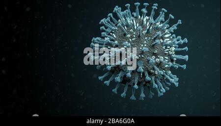 Einzelnes blaues COVID-19 Corona Influenza-Virus-Molekül, das in Teilchen schwimmt - 3D-Abbildung Coronavirus Körper mit Proteinspitzen Stockfoto
