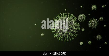 Grüne COVID-19 Corona Influenza-Virus-Moleküle, die in Partikeln schweben - nCOV Coronavirus Pandemie-Ausbruch 3D-Abbildung Stockfoto