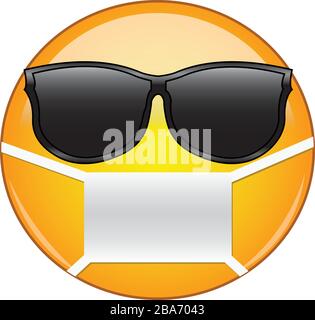 Cooles Emoticon mit Maske. Gelbes Emoji mit Sonnenbrille und Gesundheitsmaske zum Schutz vor Keimen, Viren, Luftverschmutzung und Smog. Stock Vektor