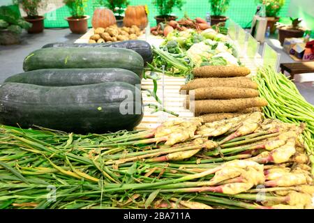 Herbstausstellung von landwirtschaftlichen Produkten, reifes Gemüse Stockfoto