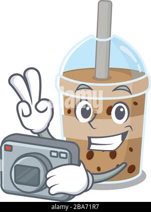 Schokoblase Tea Maskottchen Design als professioneller Fotograf mit Kamera Stock Vektor
