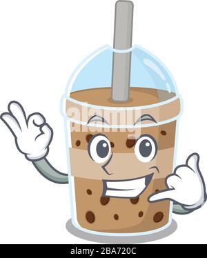 Schokoladen-Blase-Tee-Maskottchen-Cartoon-Design mit "Call Me"-Geste Stock Vektor