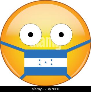 Yellow erschreckt Emoji in honduranischer medizinischer Maske, die vor SARS, Coronavirus, Vogelgrippe und anderen Viren, Keimen und Bakterien und ansteckenden Krankheiten schützt Stock Vektor