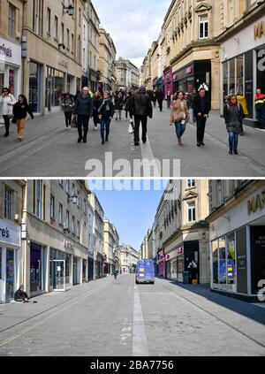 Ein zusammengesetztes Bild der Straßen im Zentrum von Bath, das am 11.03.20 (oben) mit Besuchern und Käufern beschäftigt ist, und der leeren Straßen am Dienstag, den 24.03.20 am Tag, nachdem Premierminister Boris Johnson das Vereinigte Königreich in einen Sperrkon versetzt hatte, um die Ausbreitung des Coronavirus einzudämmen. Stockfoto