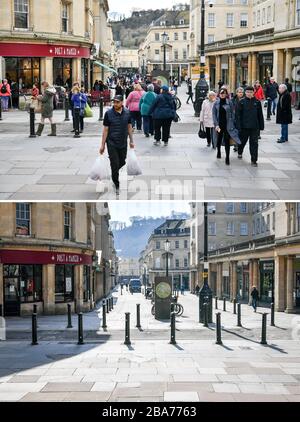 Ein zusammengesetztes Bild der Straßen im Zentrum von Bath, das am 11.03.20 (oben) mit Besuchern und Käufern beschäftigt ist, und der leeren Straßen am Dienstag, den 24.03.20 am Tag, nachdem Premierminister Boris Johnson das Vereinigte Königreich in einen Sperrkon versetzt hatte, um die Ausbreitung des Coronavirus einzudämmen. Stockfoto