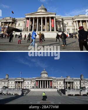 Zusammengesetzte Fotos von der Londoner National Gallery am Trafalgar Square am 28/01/14 (oben) und am Dienstag, den 24.03.20 (unten), am Tag, nachdem Premierminister Boris Johnson das Vereinigte Königreich in Sperrstellung versetzt hatte, um die Ausbreitung des Coronavirus einzudämmen. Stockfoto