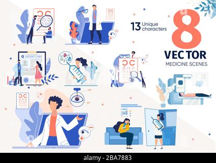 Patienten, Die Einen Arzt Besuchen, Wurden Mit Flat Vector Scenes Eingestellt Stock Vektor