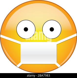Krankes Emoticon, das eine medizinische Maske trägt. Gelbes Emoji, das eine medizinische Maske mit weit geöffneten Augen trägt und kleine Schüler aus Angst vor Viren, Keimen, Pandemie a Stock Vektor