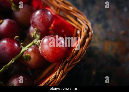 Draufsicht auf den von Trauben gefüllten Korb. Stockfoto