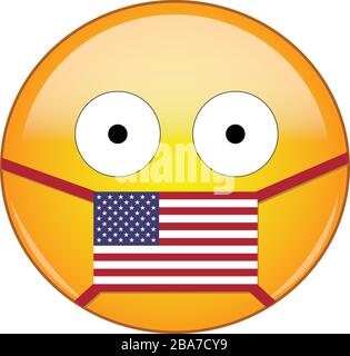 Gelb erschrocktes Emoji-Gesicht in der amerikanischen medizinischen Maske, die vor SARS, Coronavirus, Vogelgrippe und anderen Viren, Keimen und Bakterien und ansteckenden Krankheiten schützt Stock Vektor