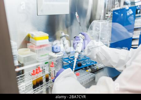 Junger Arzt erforscht im Labor Coronavirus Stockfoto