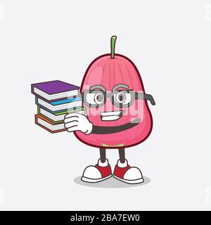 Ein Bild von Java Apple Cartoon-Maskottchen-Charakter, das mit einigen Büchern studiert Stockfoto