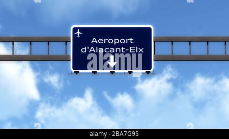 Alicante Spanien Flughafen Autobahn Straßenschild 3D-Abbildung Stockfoto