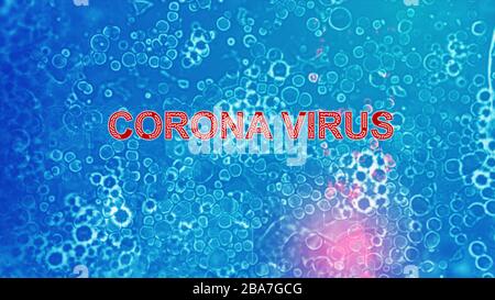 Kopftitel "Corona-Virus"-Wort mit Virusbakterieneffekt auf dunkelblauem Hintergrund. Stockfoto