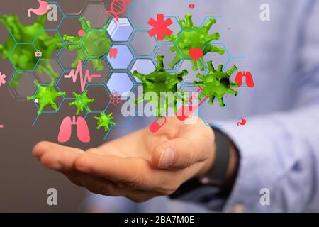 Ein Covid-19 Coronavirus, Virus, das akute Atemwegsinfektionen und die Erkältung verursacht, SARS-CoV Stockfoto