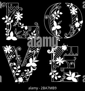 Liebeswort auf dem Platz streng elegant, mit Blumen dekoriert, im Doodle-Stil, schwarz und weiß auf schwarzem Hintergrund, für eine Hochzeit, Farbbuch. Stock Vektor