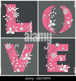 Liebeswort auf dem Platz streng elegant, mit Blumen dekoriert, in Doodle-Stil, schwarz, weiß, pink auf grauem Hintergrund, für eine Hochzeit, Farbbuch Stock Vektor
