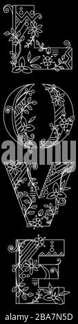 Love Word vertikal streng elegant, mit Blumen dekoriert, im Doodle-Stil, schwarz und weiß auf schwarzem Hintergrund, für eine Hochzeit, Farbbuch. Vecto Stock Vektor