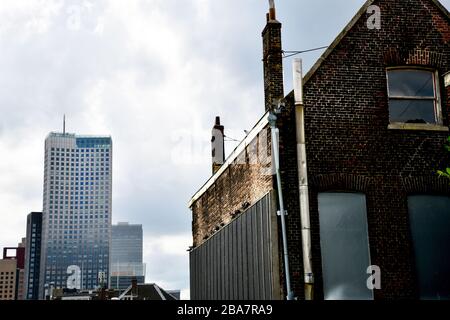 Rotterdam, Niederlande - September 2019; Blick von Kop van Zuid-Entrepot auf den größten Wolkenkratzer der Niederlande mit altem Wohnbautu Stockfoto