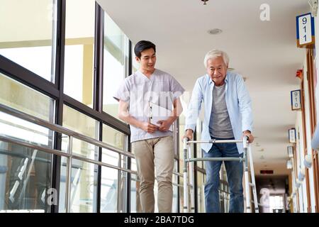 Junger asiatischer Physiotherapeut, der mit einem leitenden Mann beim gehen mit einem Wanderer arbeitet Stockfoto