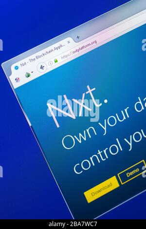 Ryazan, Russland - 29. März 2018 - Homepage von NXT Crypto Currency auf dem Display des PC Stockfoto