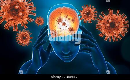 3D-Rendering-Abbildung einer Virusinfektion des Gehirns. Gehirnentzündung mit roten generischen Viruszellen. Neurologische Erkrankungen wie Enzephalitis, Meningitis, Stockfoto