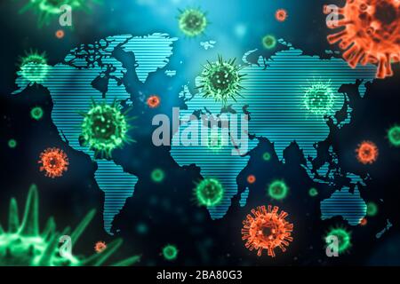 Virale Epidemie oder Pandemie, die sich mit mikroskopischen Viruszellen und der Weltkarte weltweit ausbreitet. Medizinische, medizinische, globale Ansteckung an Stockfoto