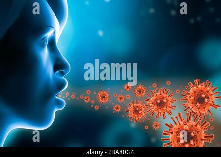 Menschliches Profil Kopf-Inhalations- oder Exhailing-Virus. Infektiöse und ansteckende Viruserkrankungen wie Grippe oder Coronavirus 3D-Darstellungskonzept. Stockfoto