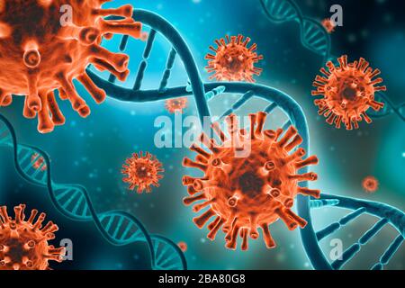 Mikroskopisch kleine rote Viruszellen und DNA-Stränge auf blaugrünem Hintergrund 3D-Darstellung. Mikrobiologie, Virologie, Medizin, Epidemiologie, Biol Stockfoto