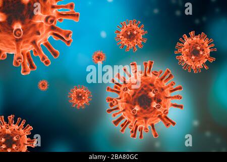Generische rote Viruszelle auf blauem Hintergrund. Mikrobiologie, Virologie, Epidemiologie, Medizin Wissenschaft 3d Rendering Illustration Konzepte. Stockfoto
