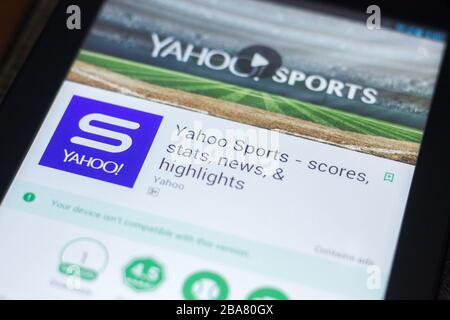 Ryazan, Russland - 19. April 2018 - Yahoo Sports Mobile App auf dem Display des Tablet-PCs Stockfoto