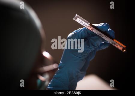 Konzeptionelle Aufnahme eines Arztes, der einen Reagenzglas hält und betrachtet, während er Proben auf Vorhandensein von Coronavirus testet (COVID-19). Stockfoto