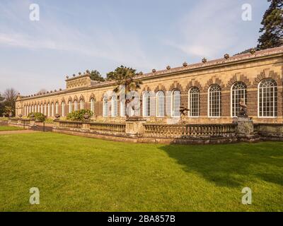 Margam, Neath Port Talbot Wales Großbritannien 6. April 2019 Marsam Country Park, das Orangery-Gebäude von vorne Stockfoto