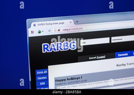 Ryazan, Russland - 29. April 2018: Homepage der Rarbg-Website auf der Anzeige von PC, url - Rarbg.is. Stockfoto