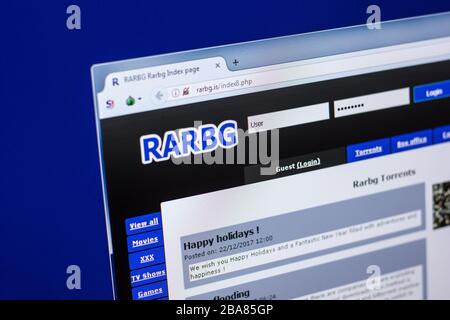 Ryazan, Russland - 29. April 2018: Homepage der Rarbg-Website auf der Anzeige von PC, url - Rarbg.is. Stockfoto