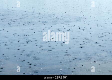 Regen auf dem Wasser Flusshintergrund Textur. Regentropfen auf dem Fluss, See Stockfoto