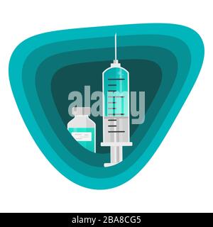 Spritze, Injektion, Fläschchenschild in Papierform. Impfstoff, medizinisches, epidemisches Krankheitskonzept, isolierte Vektordarstellung Stock Vektor