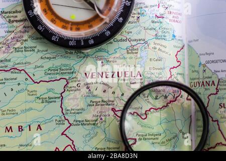 Venezuela auf der Weltkarte oder dem Atlas. Stockfoto
