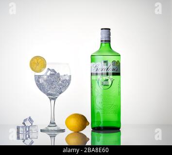 Gin Tonic Cocktail mit Flasche Gin, limon und Eis auf Spiegelkulisse mit Kopierraum Stockfoto