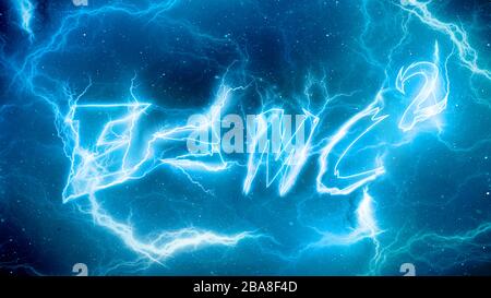 Blue Lightning Einsteins Massen-Energie-Äquivalenz, E=mc2, computergenerierter abstrakter Hintergrund, 3D-Rendering Stockfoto