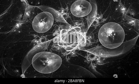 Schwarz-weißes Spiralquantum mit Ball-Effekt, computergeneriert Stockfoto